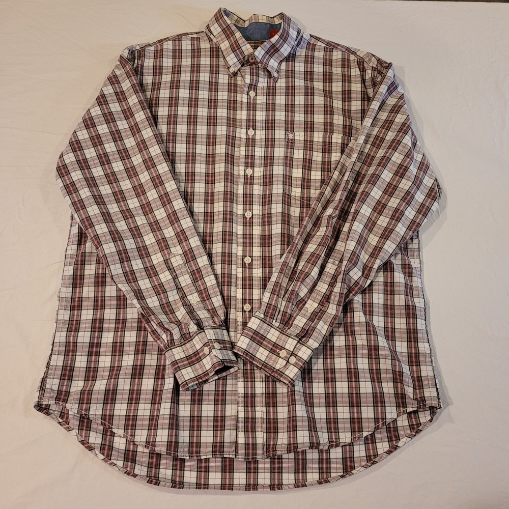 Izod 100% Cotton Plaid Button-up Shirt Long Sleeve, Men's Size L, White Redā